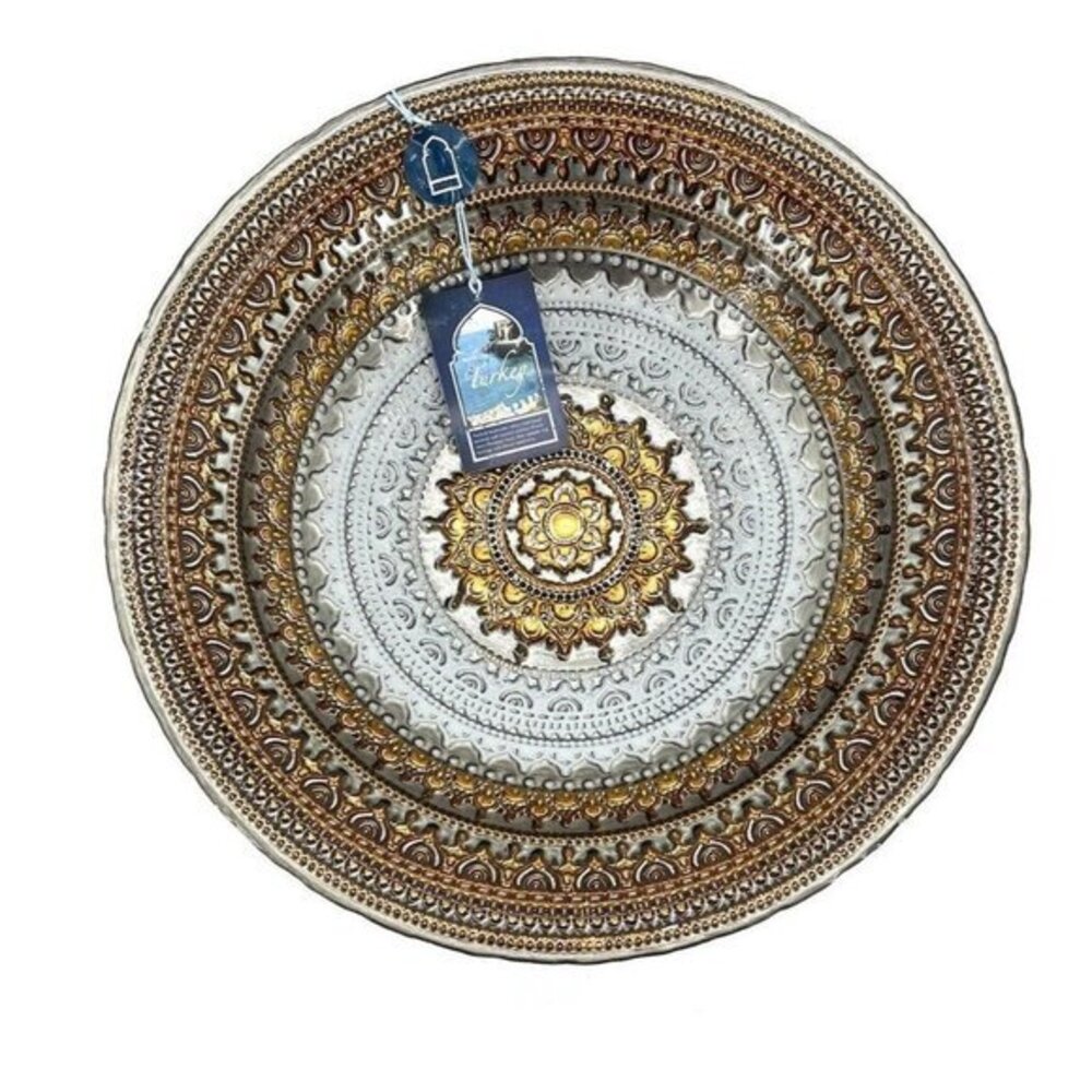 Turkish Glass Glass Round Bowl Serving Salad Bronze Lace Print Silver 13" W